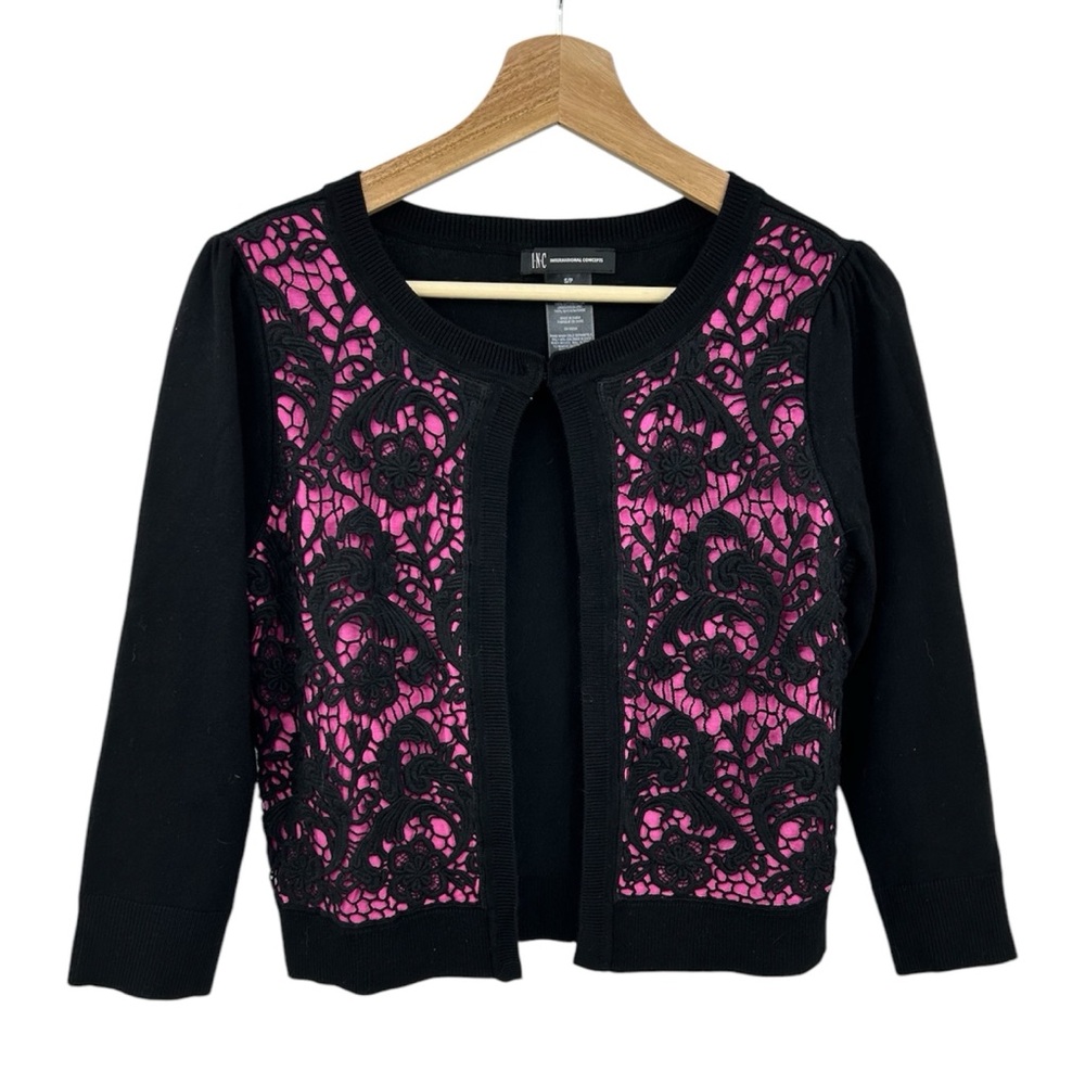 INC Black Pink Lace Overlay Cotton Cardigan Sweater
